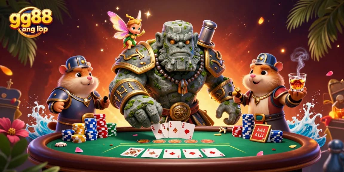 Engage in gg88 đăng nhập with characters in an electrifying 3D casino scene featuring poker elements.