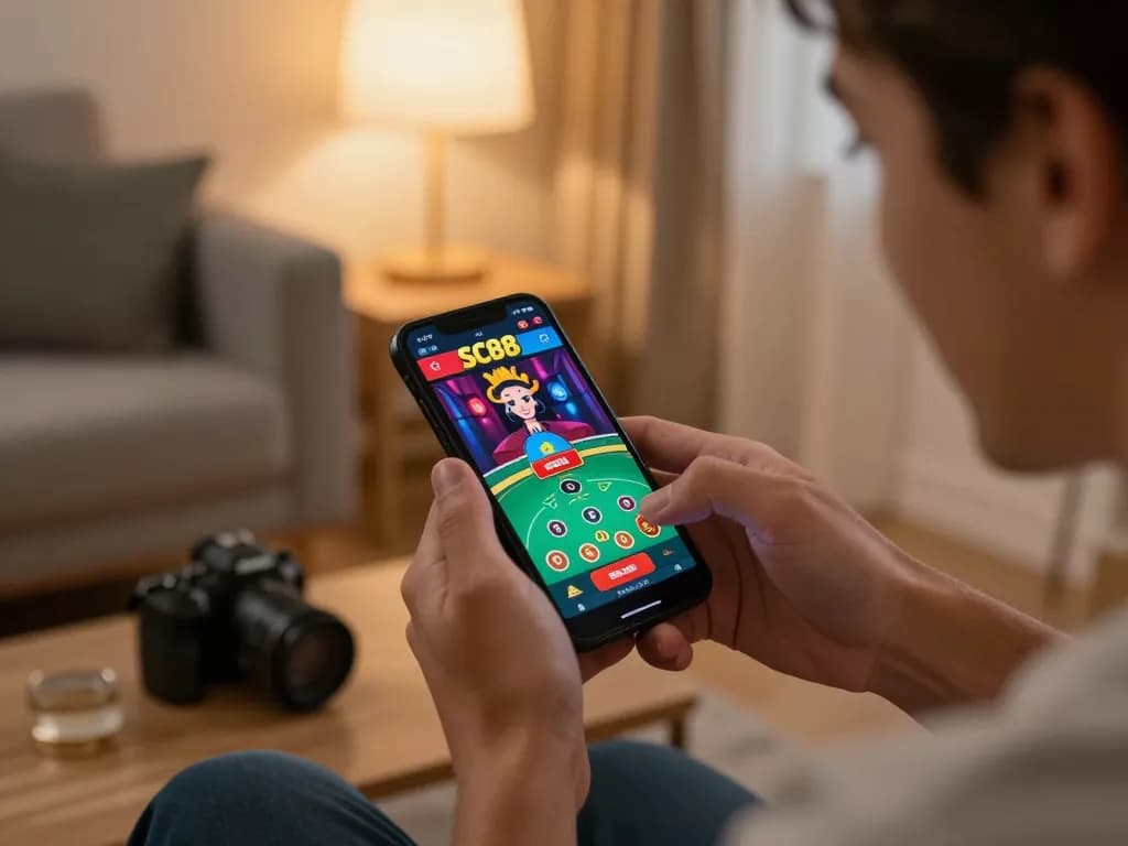 Player enjoying SC88 mobile app, showcasing live dealer excitement in a cozy home environment.