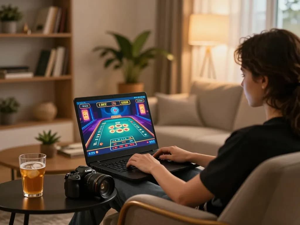 Player engages in online casino gaming at home using sun win platform, showcasing vibrant screen and cozy atmosphere.