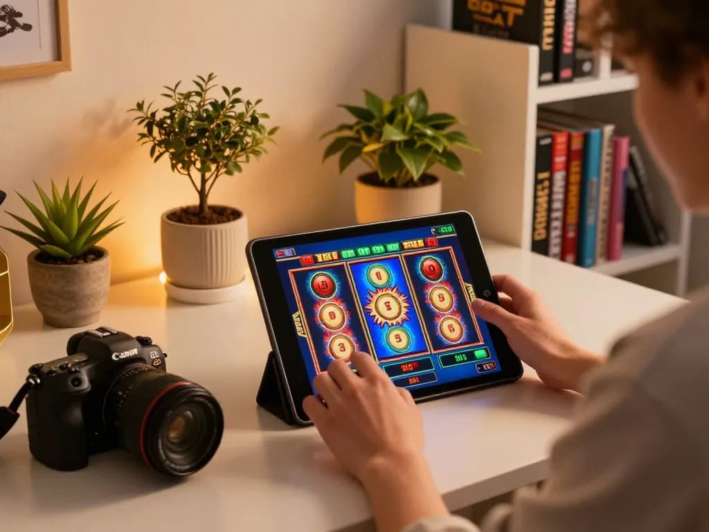 W188 player spinning reels on tablet in cozy home setting, enjoying online slots experience.