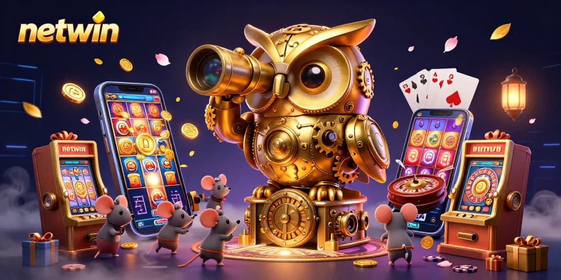 Experience the vibrant netwin online casino with a whimsical clockwork owl, slot games, and dynamic patrons.