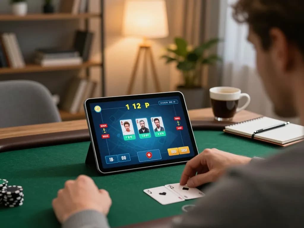 Engaged player strategizing while playing online poker on a tablet in a cozy home setting