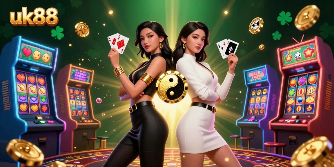 Engage with uk88's thrilling casino experience featuring Asian twin women and vibrant game elements.