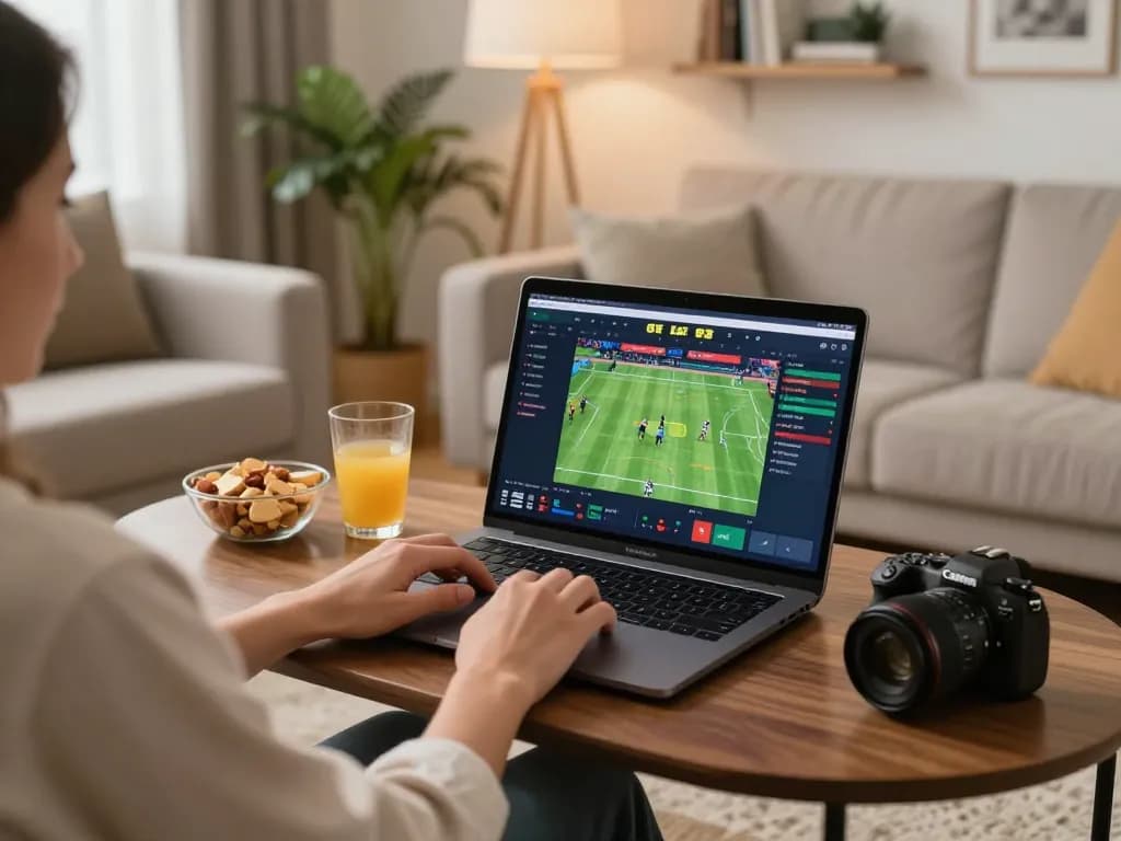 Engaged player using cm88 for online sports betting in a cozy home setup