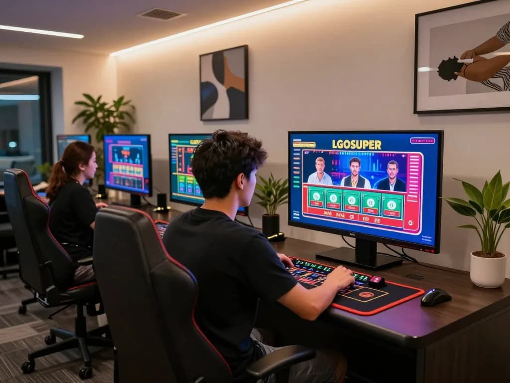 Engaged player experiencing LGOSUPER's online casino interface on multiple screens in a modern gaming setup.