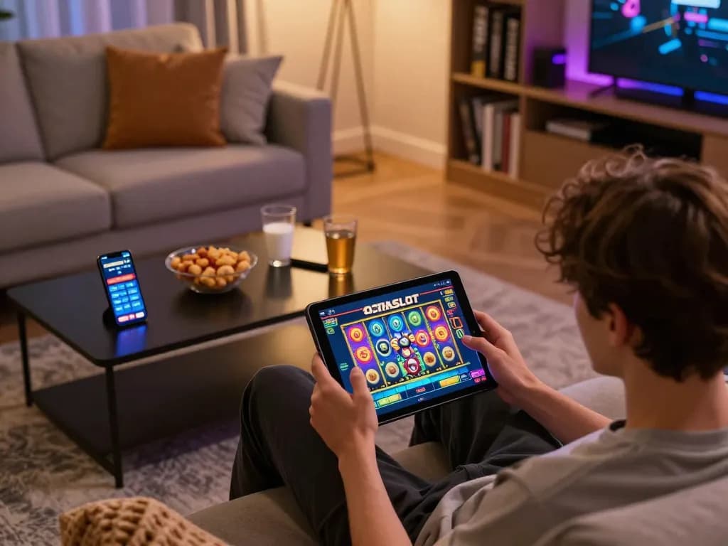 Engaging in the OCTASLOT app on a tablet, a player enjoys strategic online gaming in a cozy living room.