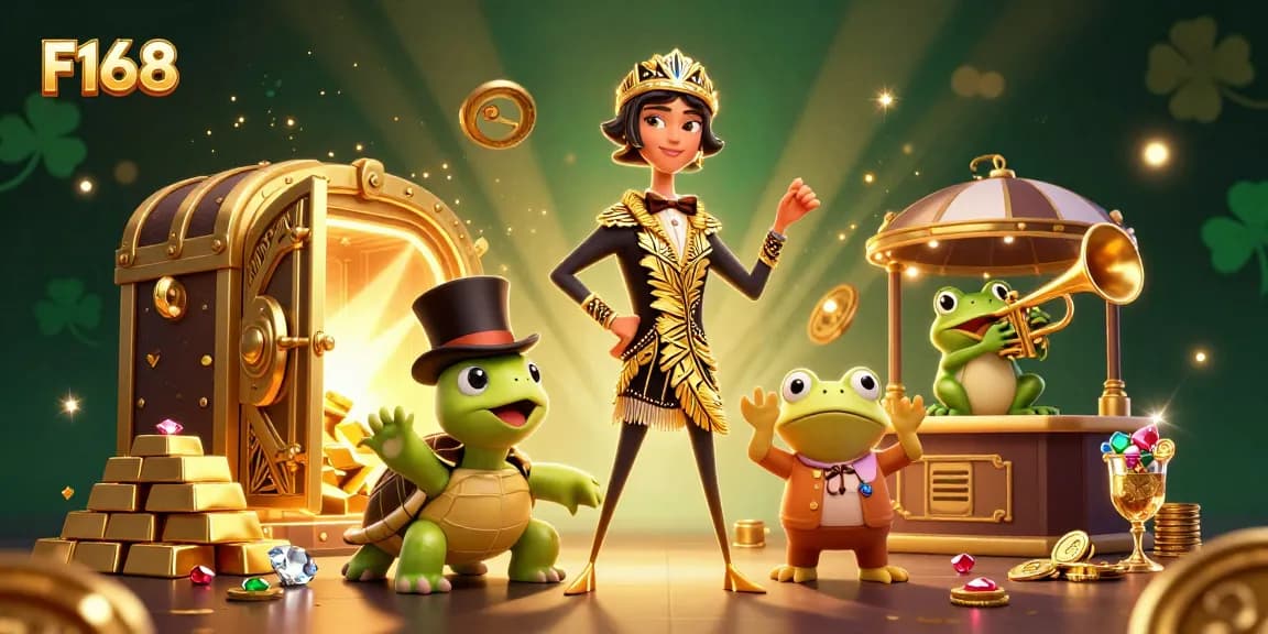 Experience vibrant F168 gaming excitement with colorful characters and treasures in a rich, lively casino scene.