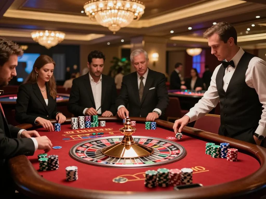 Players strategically placing bets at the SC88 roulette table in a luxurious casino atmosphere.