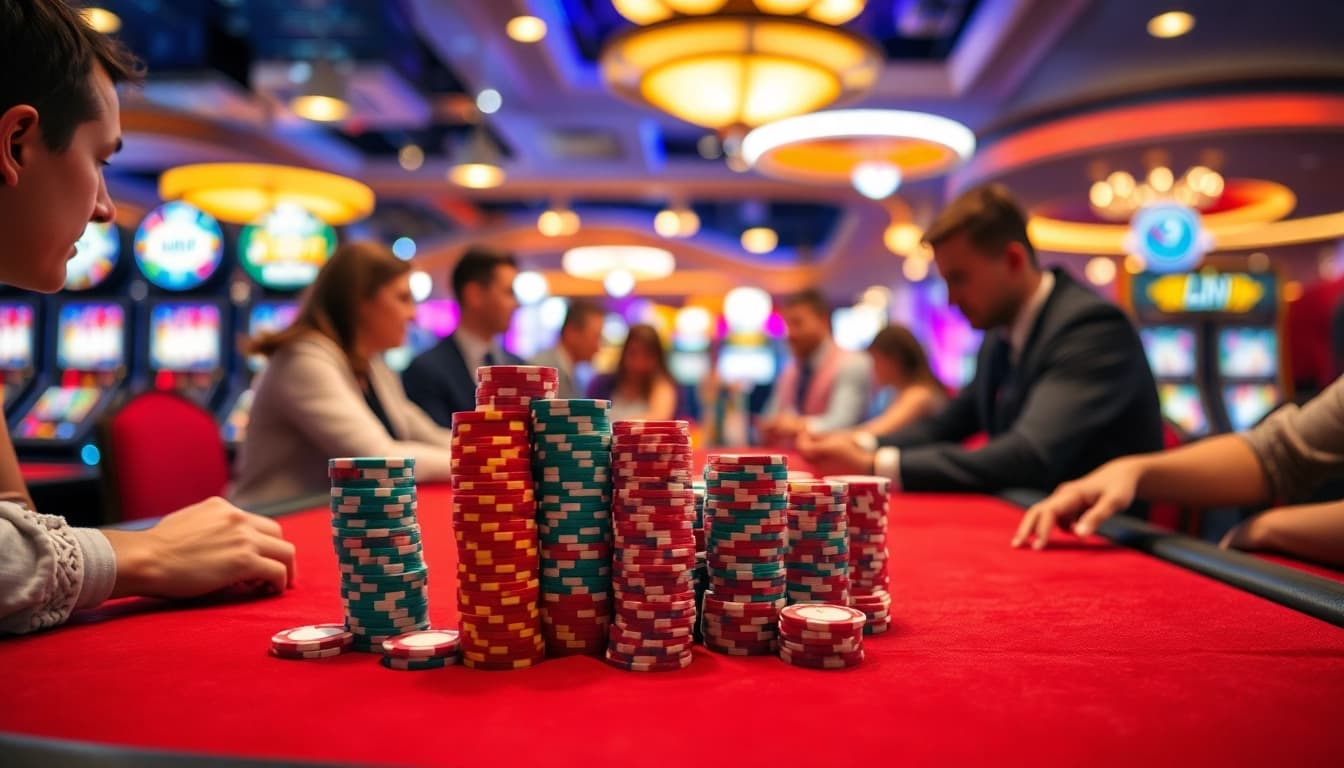 Permainan Agen SBOBET di meja kasino dengan banyak keripik dan pemain fokus.