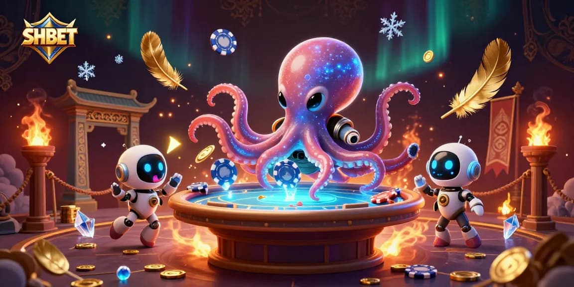 SHBET alien octopus deals poker at a cosmic casino, surrounded by sparkling chips and glowing elements