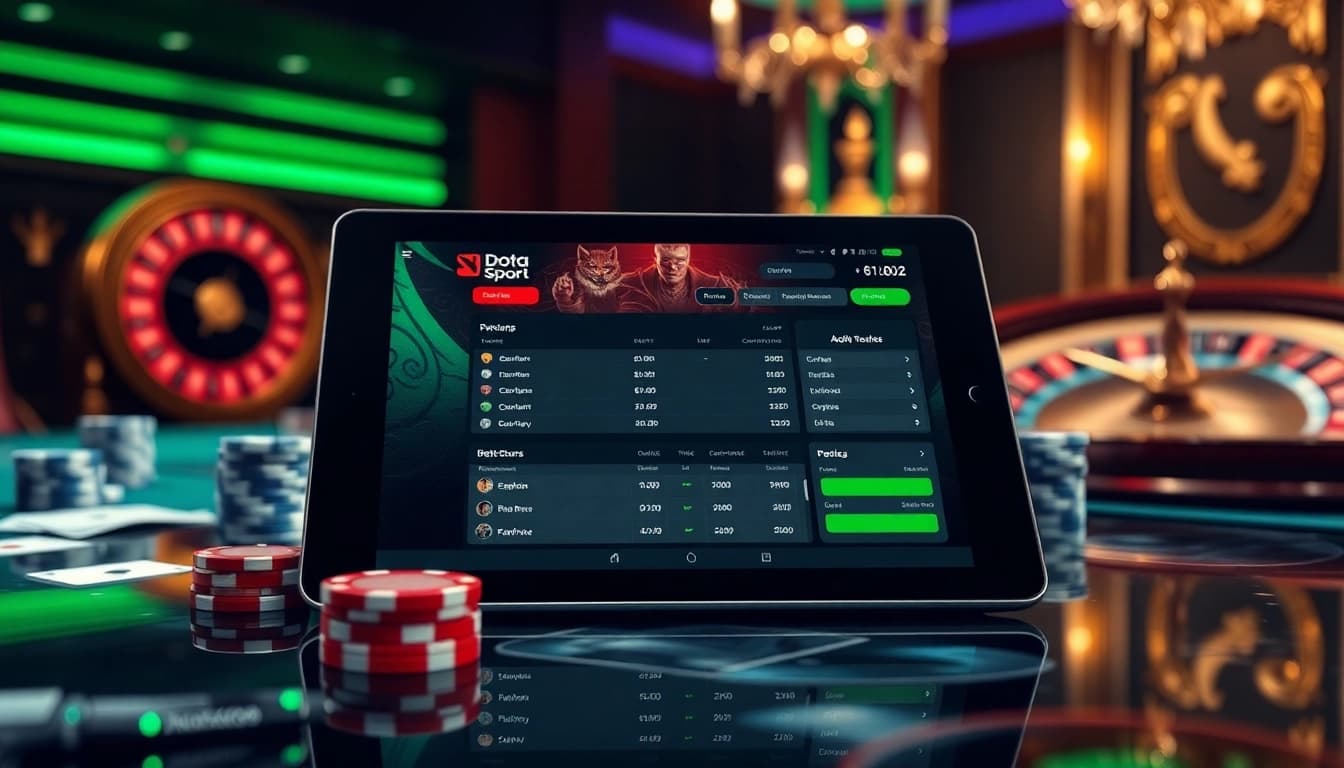 E1 Sport แทง Dota 2 betting interface surrounded by poker chips and gaming elements
