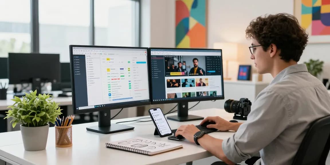 Engaging digital marketing workspace showcasing analytics and social media updates from https://fau88.com/ with a vibrant atmosphere.