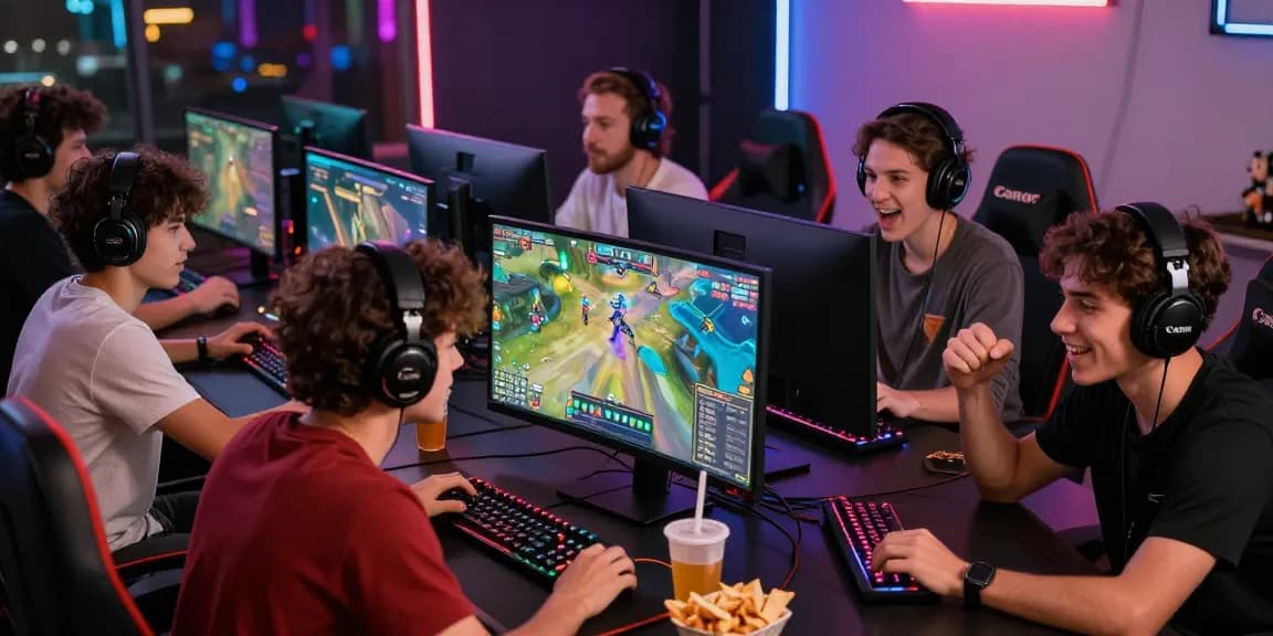 Engaged gamers enjoying online gaming on https://gamebaidoithuong.is/ with colorful screens and snacks.