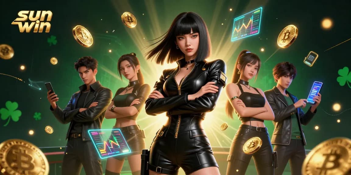 Experience the excitement of sun win casino with vibrant 3D characters and neon crypto elements in action.