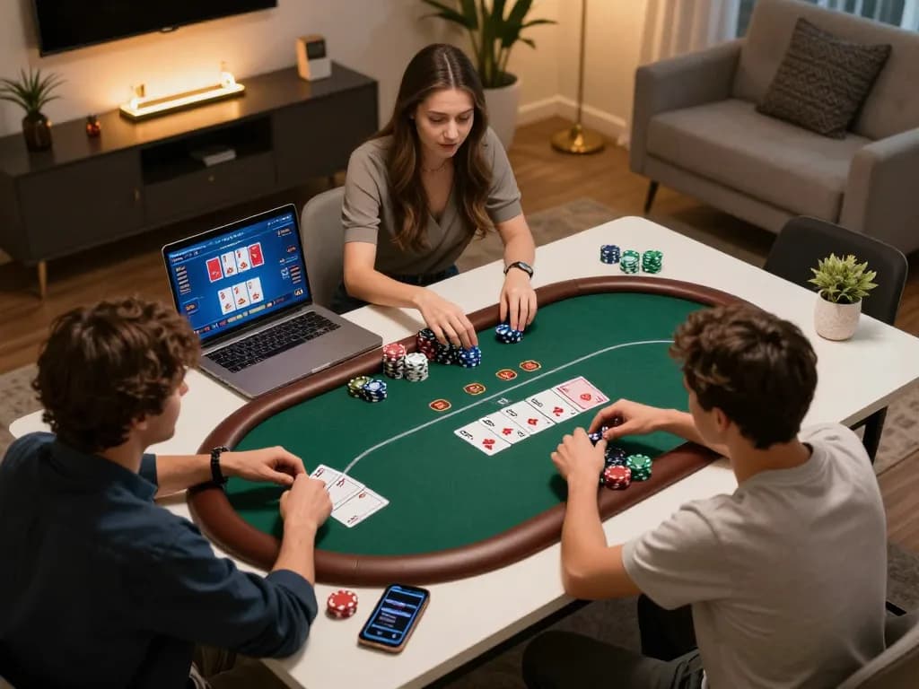 MM88 players enjoying a thrilling online poker game in a modern home setting.