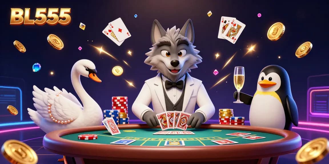 Win big at BL555 with a debonair wolf, a swan dealer, and a penguin sommelier in an electrifying casino scene.