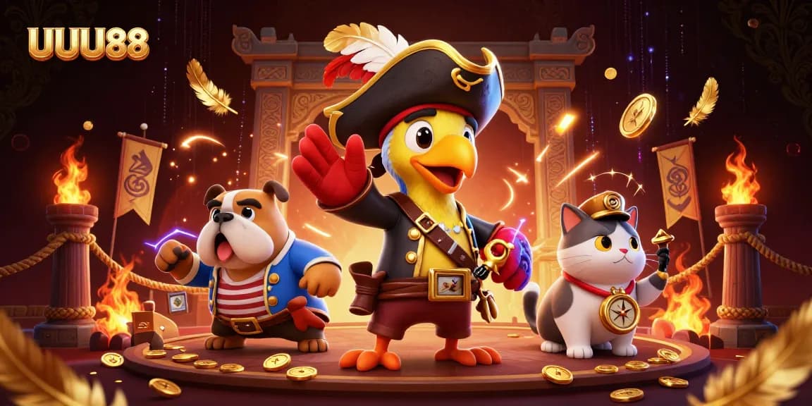 Engage with UUU88 through an adventurous 3D casino scene filled with excitement and winning elements.