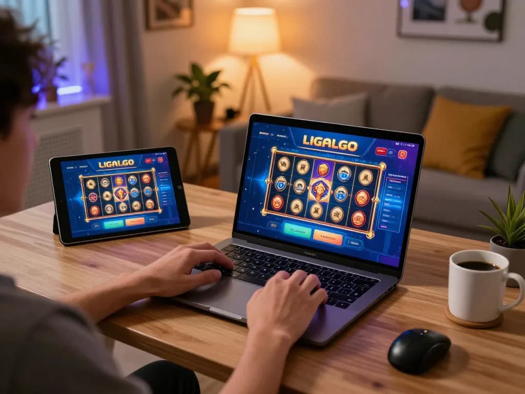 Dynamic online gaming with LIGALGO interface showcasing vibrant slot reels and engaging atmosphere