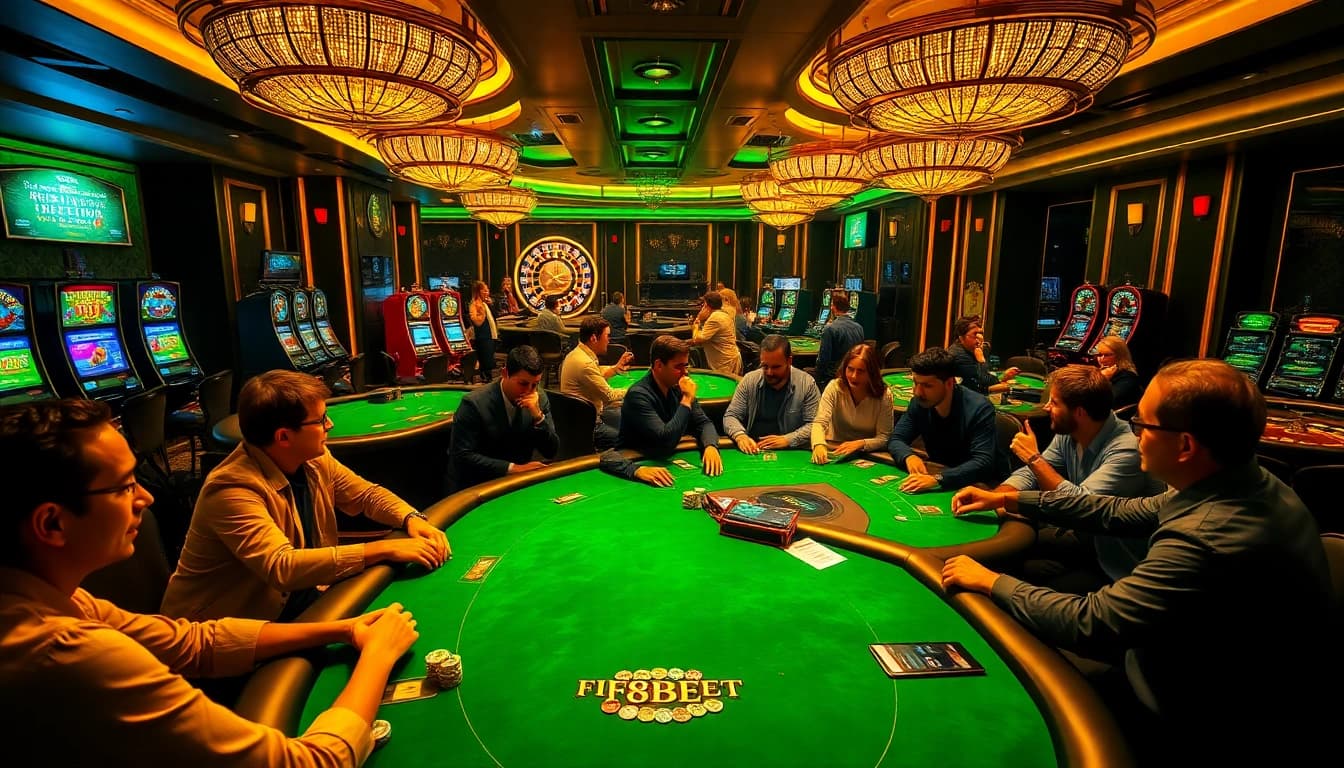 F8BET players engage in high-stakes poker at a luxurious casino table, showcasing excitement and strategy.