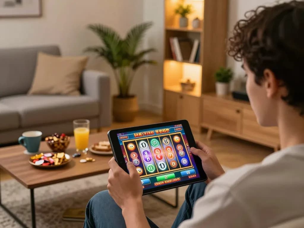 Enjoying winstrike69 slot games on a tablet while relaxing at home in vibrant gaming atmosphere.