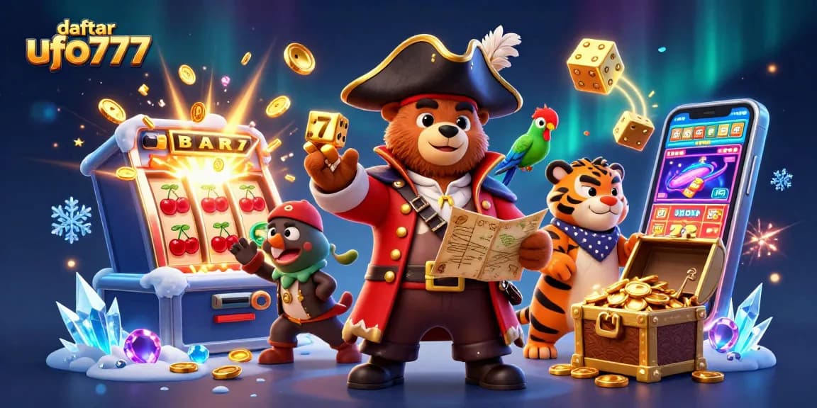 Play and win with daftar ufo777, featuring a colorful casino scene with a pirate bear and treasure.