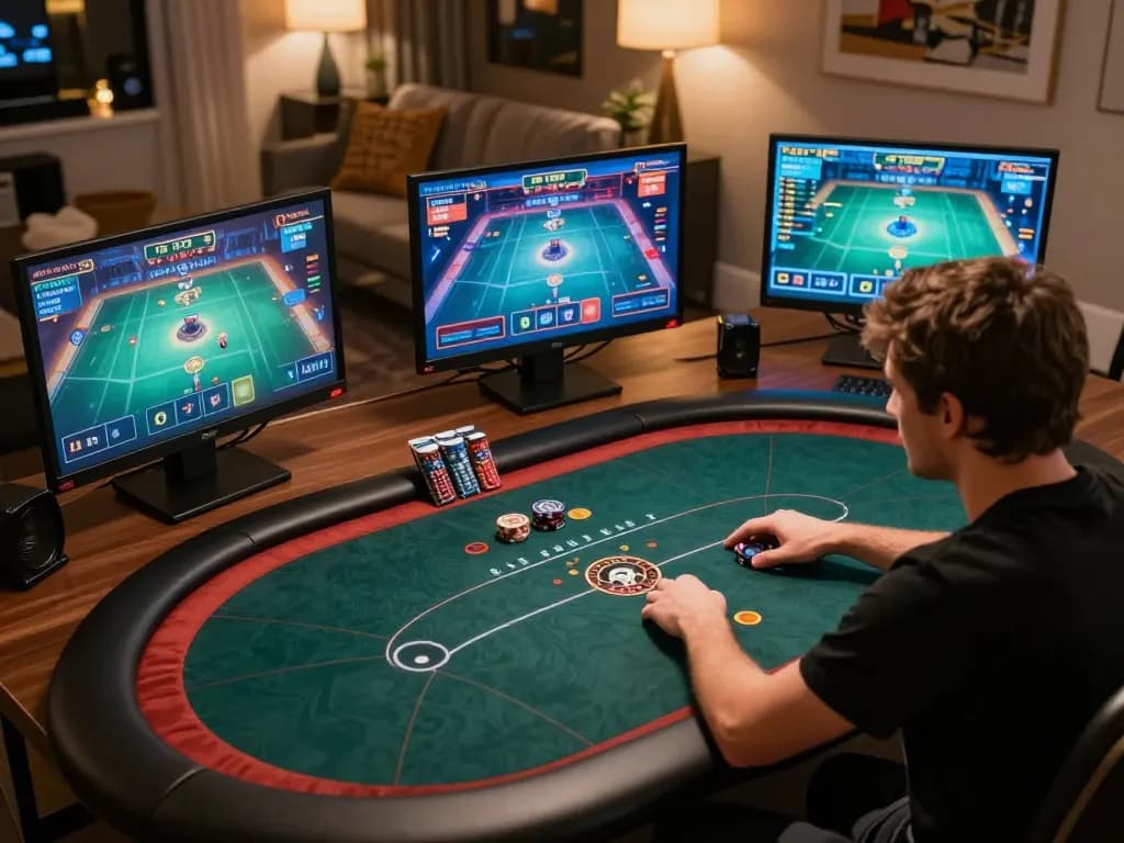 A gambler plays online poker with leci123a interface displayed on multiple screens, showcasing the dynamic gaming experience