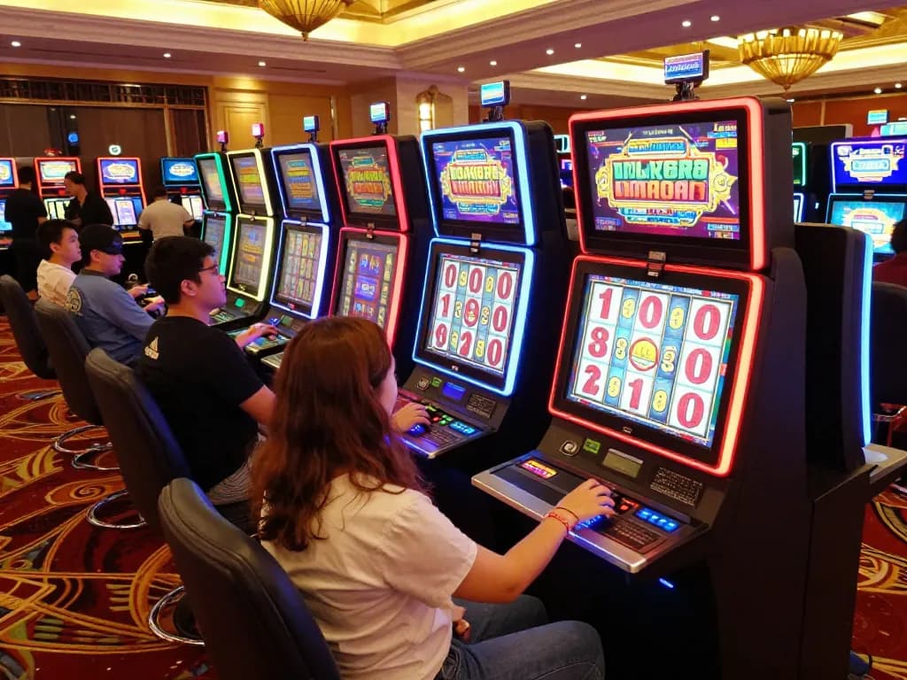 Players enjoying slot machines at a lively casino floor featuring mm888 games and bright LED lights