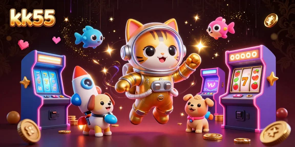 kk55 showcases an adventurous cat astronaut spinning lucky slots amid golden cosmic elements.