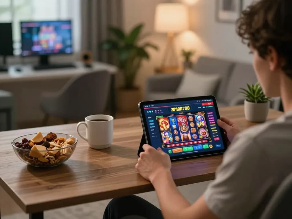 Seorang pemain menikmati slot online aman788 di tablet dalam pengaturan permainan yang nyaman, menampilkan lingkungan bermain yang bergaya.
