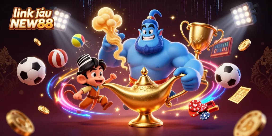 Place your bets with excitement at link vào NEW88, featuring a dynamic 3D casino scene with vibrant sports elements.