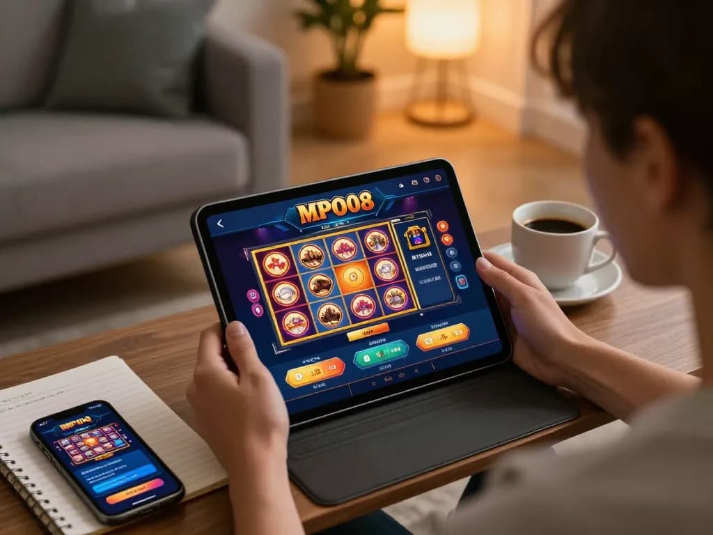 MPO08 gaming experience on tablet in a cozy living room, highlighting interactive digital casino gameplay.
