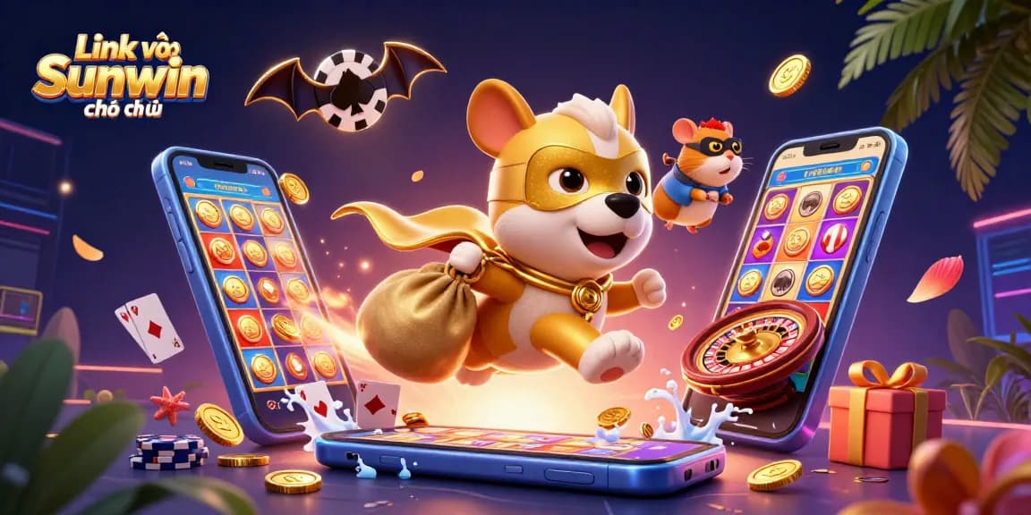 Engage with the excitement of gambling at Link vào Sunwin chính thức with a 3D cartoon illustration featuring a superhero dog and hamster amidst vibrant casino elements.