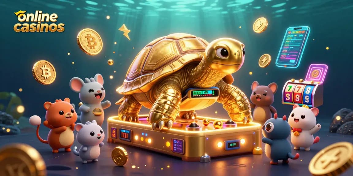 Engage in online casinos with a vibrant scene featuring a tortoise pinball machine and crypto elements.