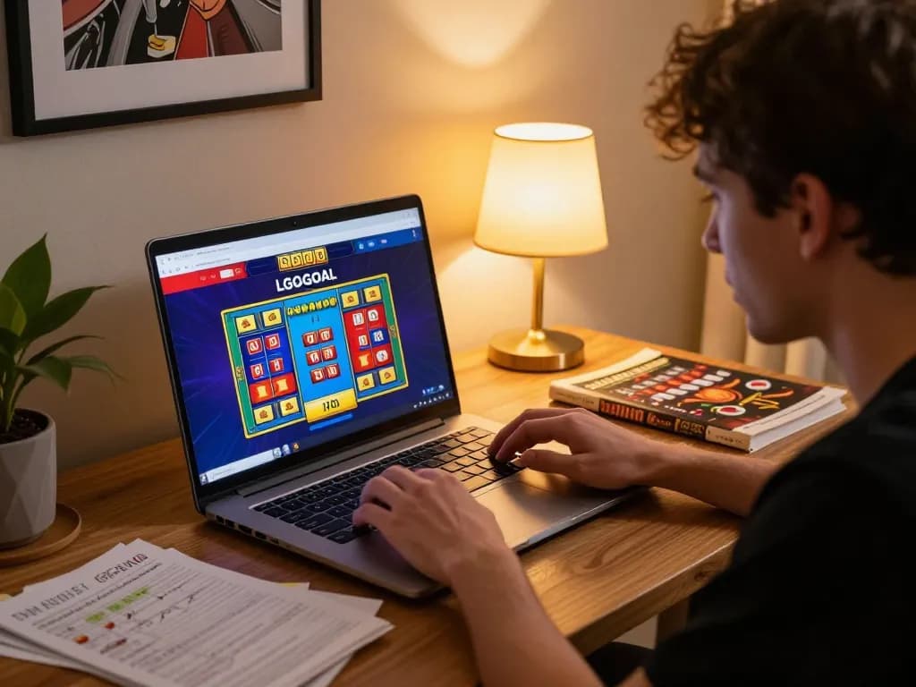 Player engaging with LGOGOAL casino online platform, showcasing vibrant gaming graphics and immersive home setup