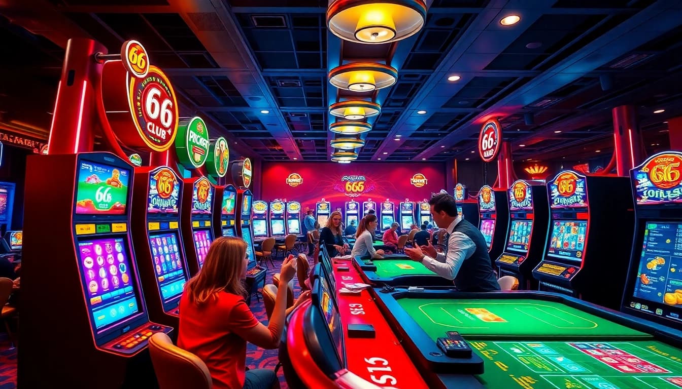 Exciting scene at the 66 club online casino with players and vibrant gaming machines