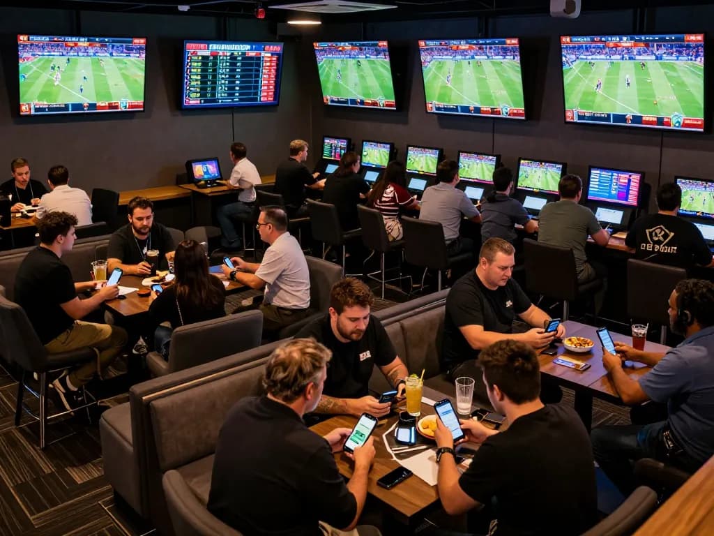 Engaged bettors exploring thể thao o8 betting options during a major sports event in an exciting lounge atmosphere.