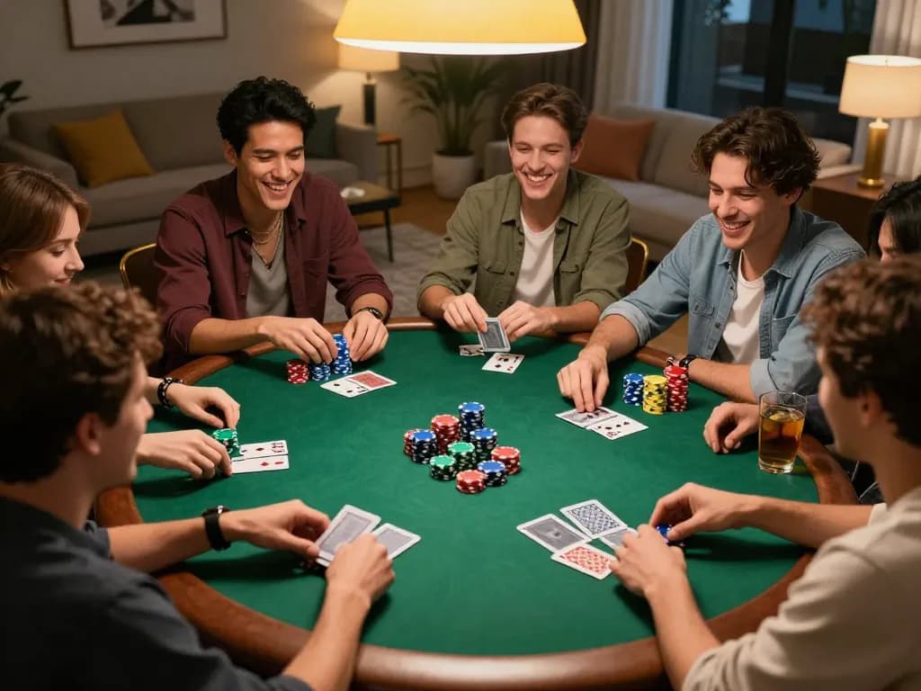 Teman-teman menikmati malam poker yang mendebarkan dengan fokus tinggi selama permainan yang menampilkan strategi SPBO 1.
