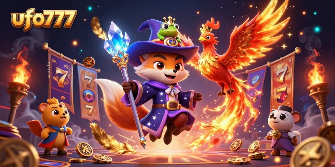 Experience the thrill of ufo777 with a dynamic casino scene featuring a wizard, phoenix, and magical elements.