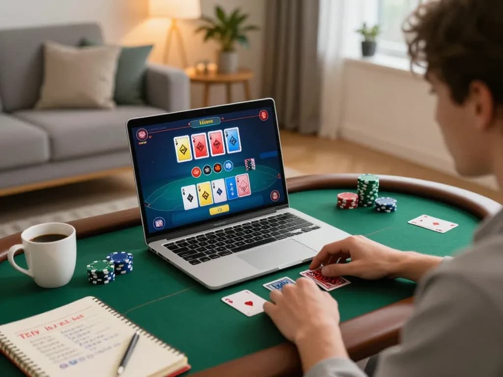 Experience thrilling poker action with bet88 on your laptop in a cozy home setting, showcasing a lively gaming atmosphere.
