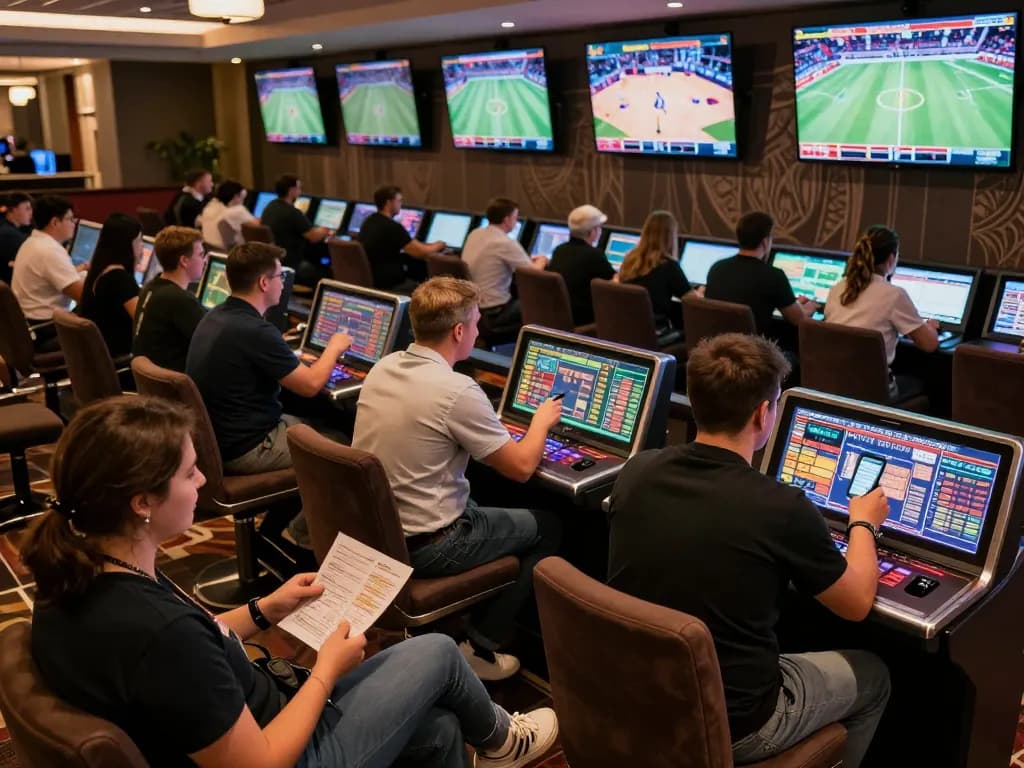 Engaged bettors reviewing statistics while placing bets at Rikvip sports betting area.