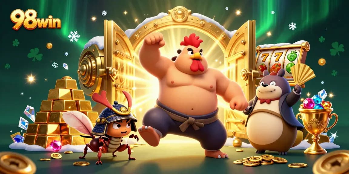 Engage with 98win's vibrant slot scene featuring unique characters and treasures, inviting players to explore.