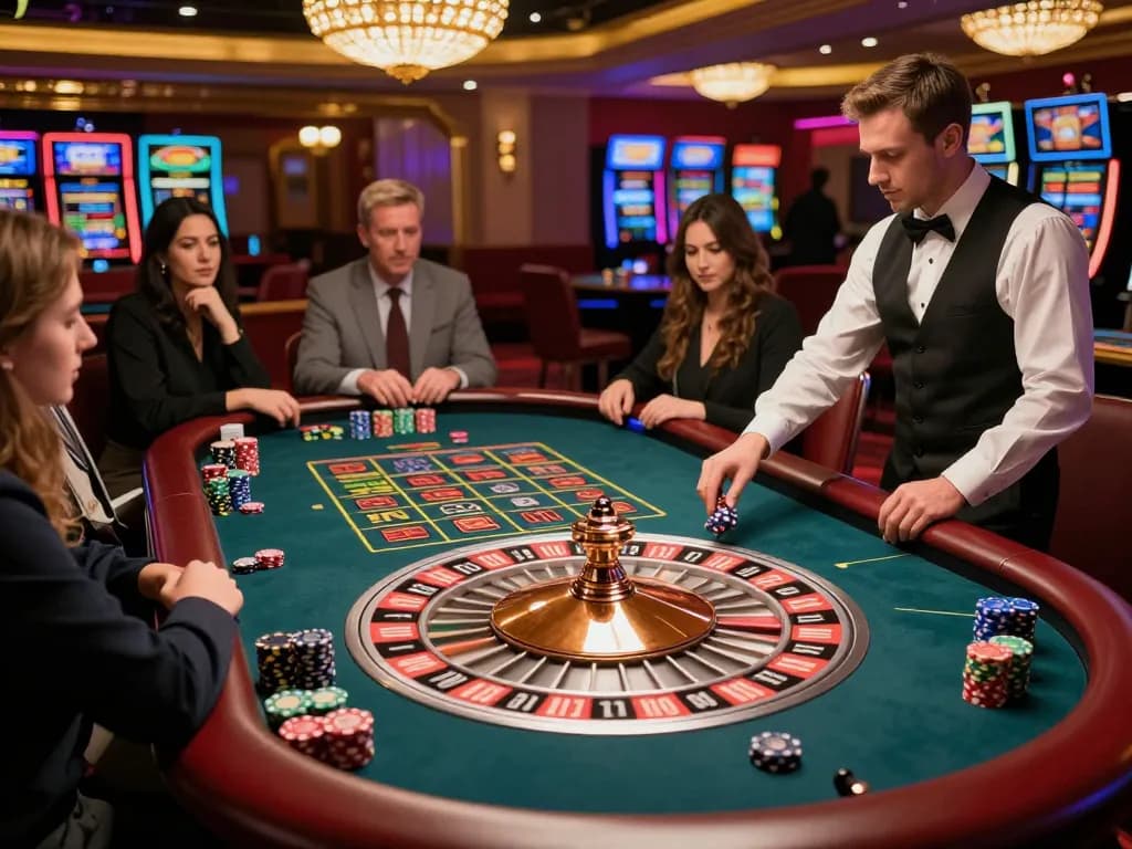 Engaging players at a roulette table with vibrant chips, capturing the excitement of VK88 gambling.