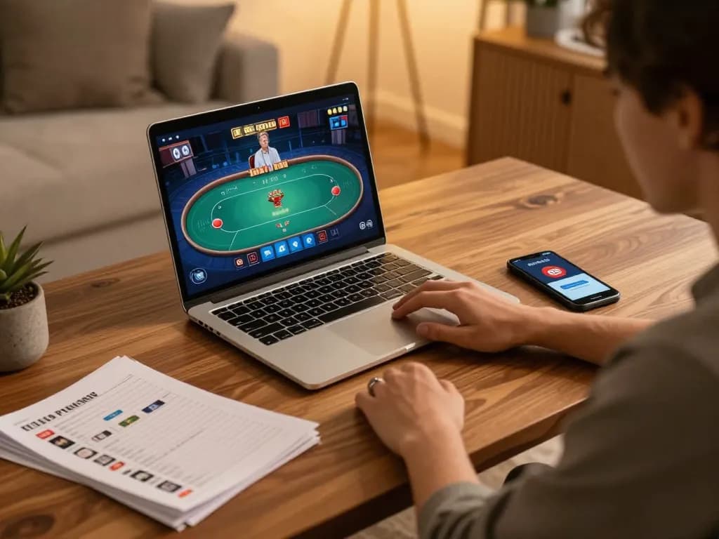 Player enjoying GO8 online poker in a cozy home setting with strategy notes and smartphone.