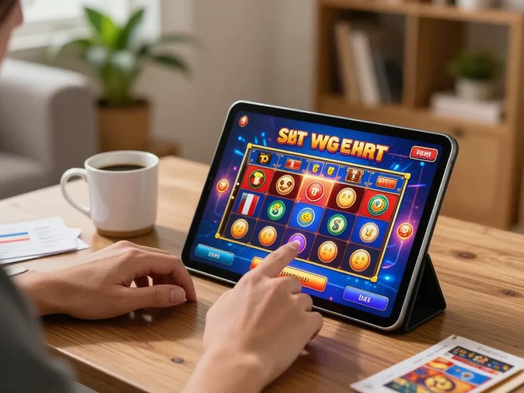 Engaged player enjoying situs slot on a tablet in a cozy home, capturing strategic online gaming.