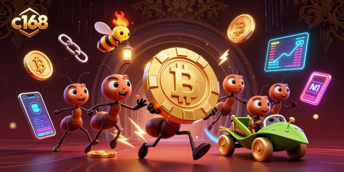 Engage with c168 casino thrills as ants heist golden poker chip amidst crypto chaos.