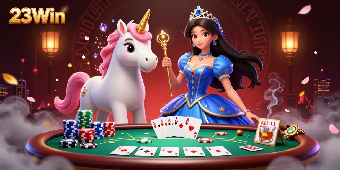 Experience the excitement of 23Win with a dazzling scene of poker action and a majestic unicorn in a magical casino.