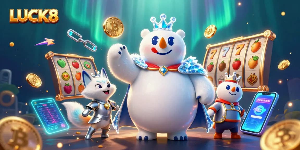 Engage in thrilling LUCK8 slots with a regal polar bear and fox in an energetic, vibrant casino scene.
