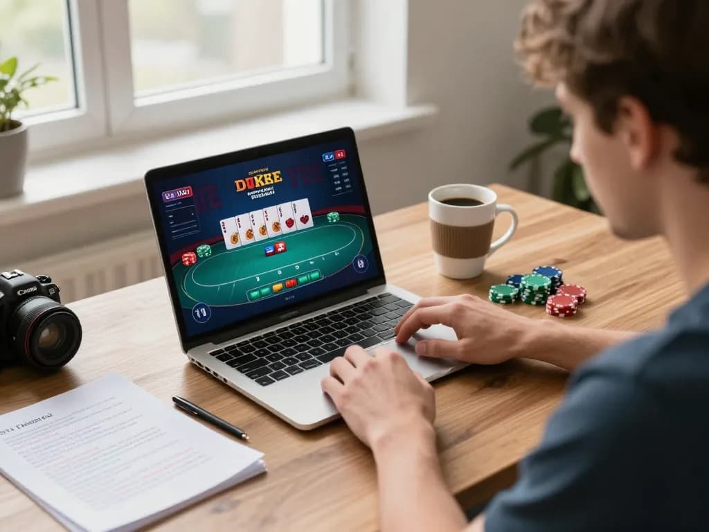 Player mastering poker strategies with 68win on a laptop, enhancing online gambling experience