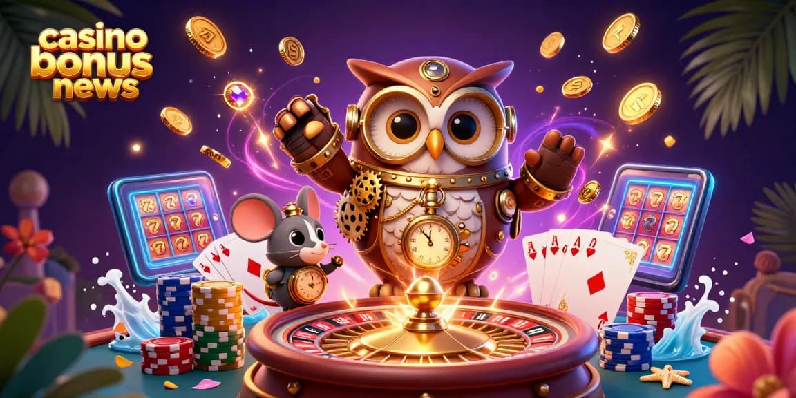Experience thrilling casino bonus news with a time-traveling owl and steampunk elements.