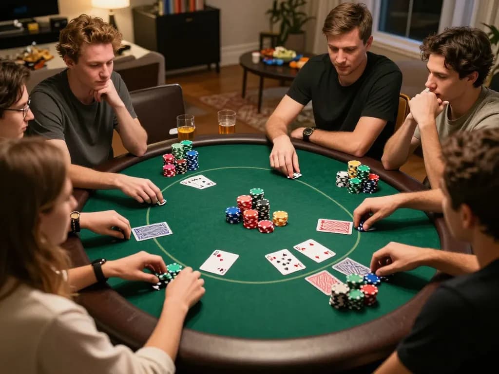 Cà Khịa TV creating an immersive home poker experience with friends around the table, engaging in strategy and excitement.